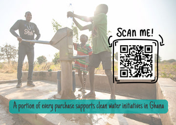 People using a water pump with a QR code overlay and text about supporting clean water initiatives in Ghana.
