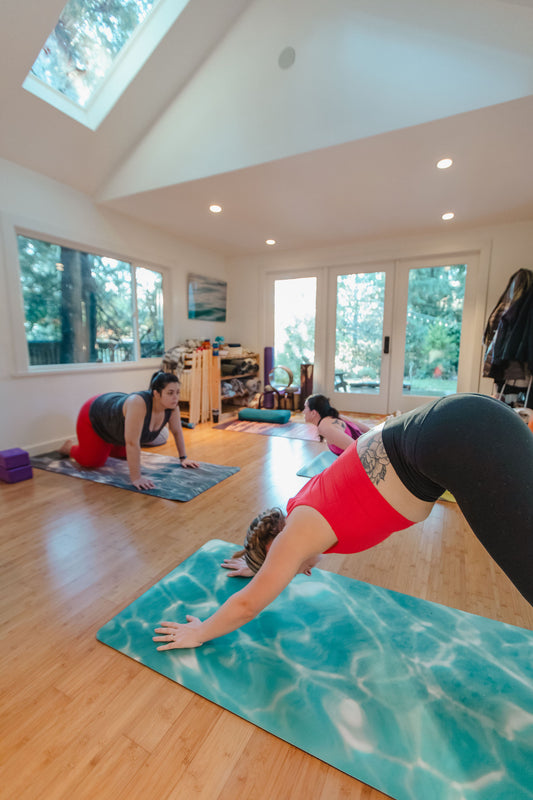 Group of people practicing yoga in a bright, sunlit room with large windows.