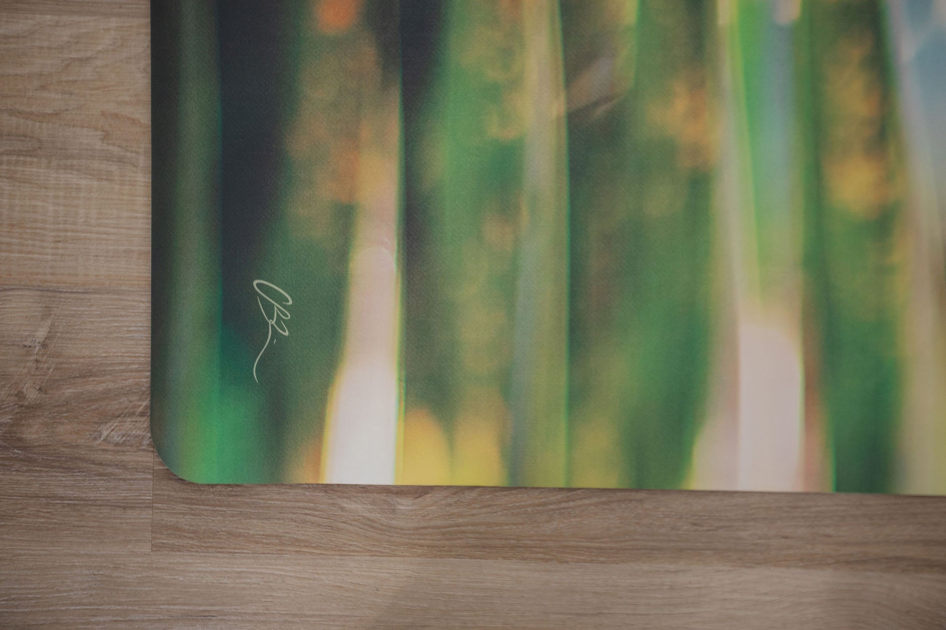 Close-up of a green and yellow abstract painting on a wooden surface