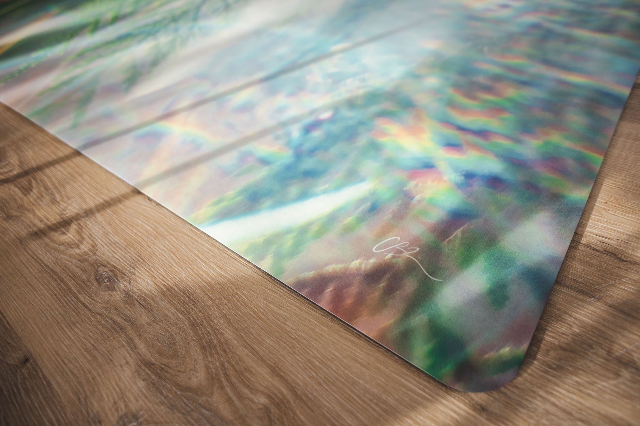 Multicolored mat on a wooden floor