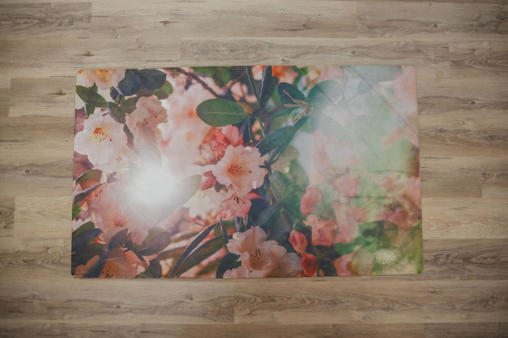 Floral-patterned mat on a wooden floor